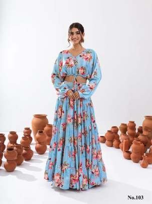 Vallari Vol 1 Sky Blue Digital Printed Crop Top Lehenga Choli