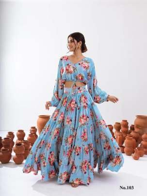 Vallari Vol 1 Sky Blue Digital Printed Crop Top Lehenga Choli