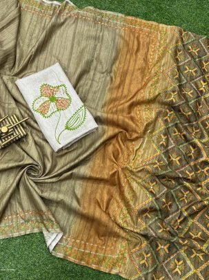 Varshitha Digital ajrakh print saree with handmade khatha work