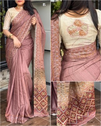 Varshitha Pink handmade khatha work ajrakh print saree