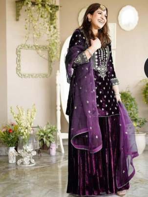 Velvet Embroidery Work Wine Colour Top Sharara Dupatta Set