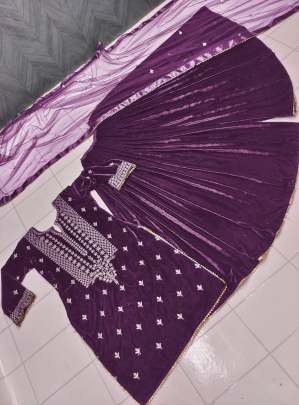 Velvet Embroidery Work Wine Colour Top Sharara Dupatta Set