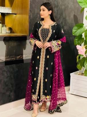 Velvet  Kurti Pant Set with Sequence Embroidery Work