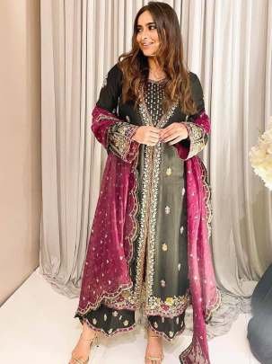 Velvet  Kurti Pant Set with Sequence Embroidery Work