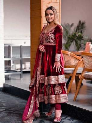 Velvet Red Palazo Suit Set With Sequence Embroidery Work 