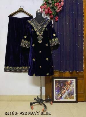Velvet With Zari Embroidery Navy Blue Kurti Palazzo With Dupatta