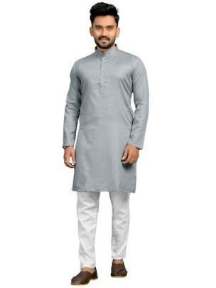 Venmer Brand Grey Heavy Cotton Plain Men Kurta Set