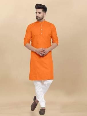 Venmer Brand Orange Heavy Cotton Plain Men Kurta Set