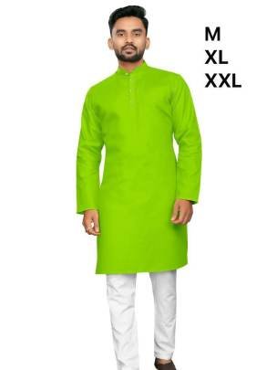 Venmer Brand Parrot Green Heavy Cotton Plain Men Kurta Set