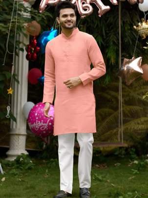 Venmer Brand Peach Heavy Cotton Plain Men Kurta Set