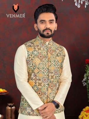 Venmer Branded Heavy Silk Men Plain Kurta With Koti
