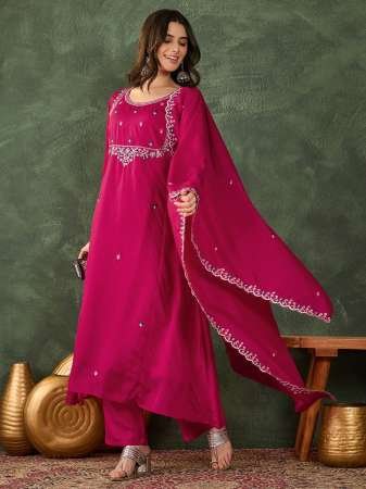 Vichitra Silk Embroidered  Pink Colour Ready Made Suit