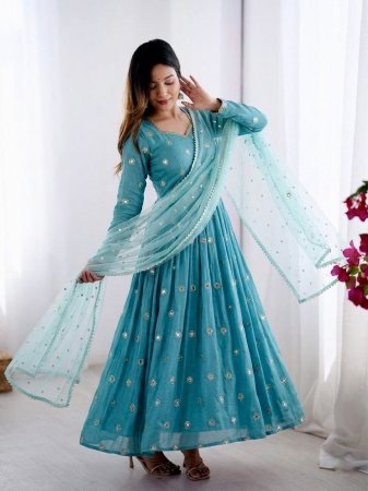 Vichitra Silk  Embroidery Anarkali Kurti Pant Set 