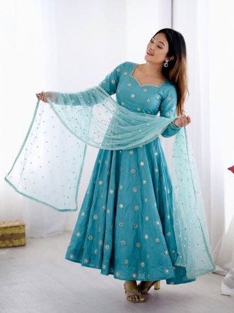 Vichitra Silk  Embroidery Anarkali Kurti Pant Set