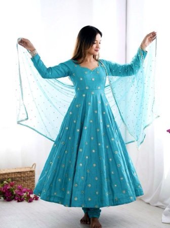 Vichitra Silk  Embroidery Anarkali Kurti Pant Set