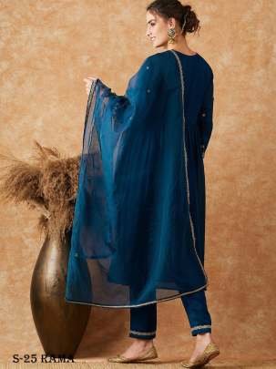 Vichitra Silk Embroidery Sequence Work Kurti Pant With Dupatta Set