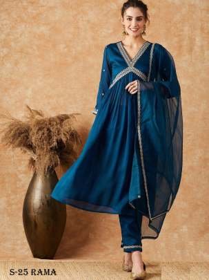 Vichitra Silk Embroidery Sequence Work Kurti Pant With Dupatta Set