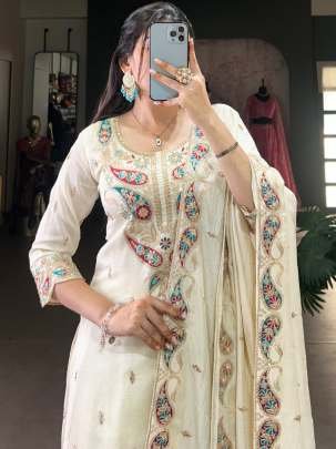 Vichitra Silk  Embroidery Work White Top Palazzo With Dupatta
