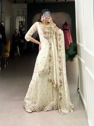 Vichitra Silk  Embroidery Work White Top Palazzo With Dupatta