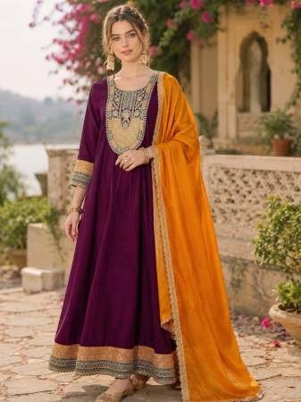Vichitra Silk Fabric Wine Colour Kurti Pant Dupatta