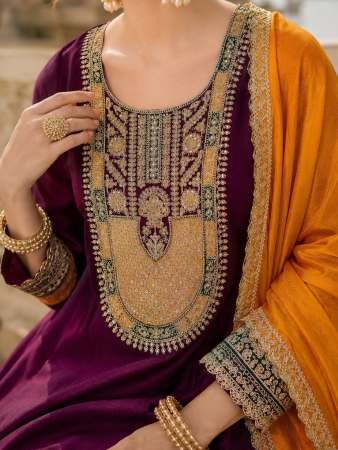 Vichitra Silk Fabric Wine Colour Kurti Pant Dupatta