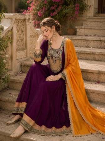 Vichitra Silk Fabric Wine Colour Kurti Pant Dupatta