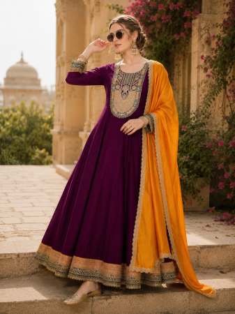 Vichitra Silk Fabric Wine Colour Kurti Pant Dupatta