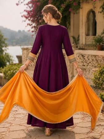 Vichitra Silk Fabric Wine Colour Kurti Pant Dupatta