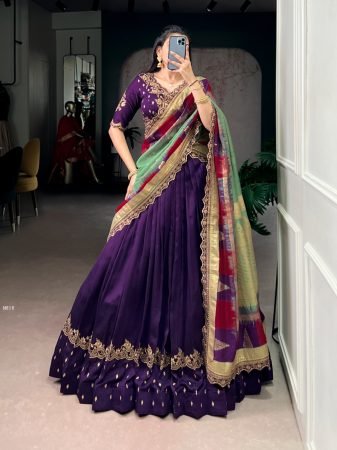 Vichitra Silk Purple Lehenga Choli With Thread Embroidery Work 