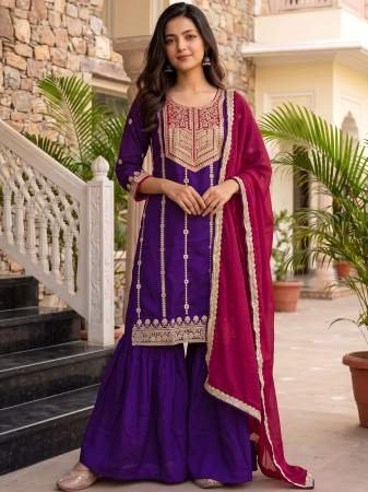 Vichitra Silk with Lining Embroidered Anarkali 3 pcs  Set