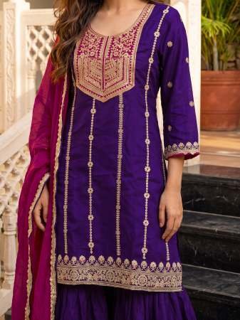 Vichitra Silk with Lining Embroidered Anarkali 3 pcs  Set