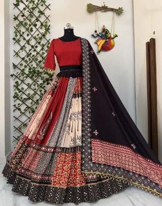 Vintage Vibe Muslin Cotton Black & Maroon Navratri Lehenga