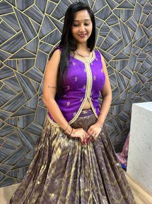 Violet Colour Mono Slub Crop Top Lehenga