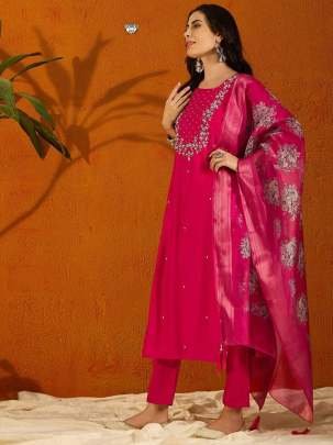 Viscose Chanderi Hand Embroidery Fully Stitched Kurti Pant Dupatta Set