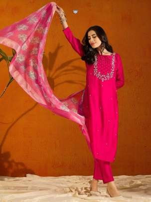 Viscose Chanderi Hand Embroidery Fully Stitched Kurti Pant Dupatta Set