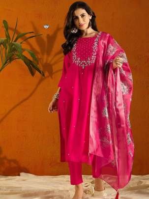 Viscose Chanderi Hand Embroidery Fully Stitched Kurti Pant Dupatta Set