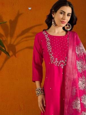 Viscose Chanderi Hand Embroidery Fully Stitched Kurti Pant Dupatta Set