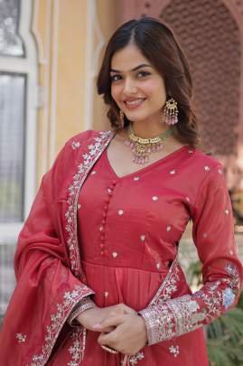 Viscose Embroidery Zari Sequence Work Gown With Dupatta Set