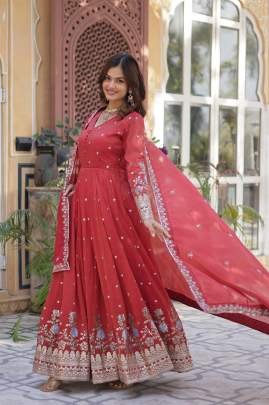 Viscose Embroidery Zari Sequence Work Gown With Dupatta Set