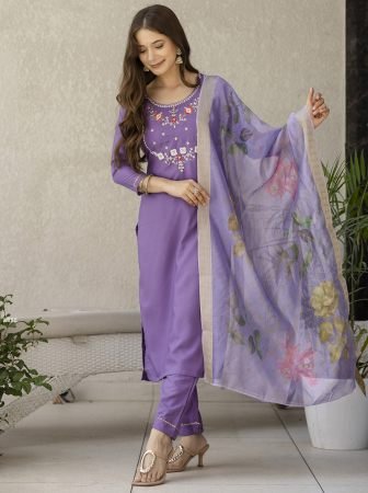 Viscose Purple Embroidered Straight Kurta Pant Set With Dupatta