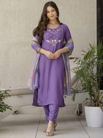 Viscose Purple Embroidered Straight Kurta Pant Set With Dupatta
