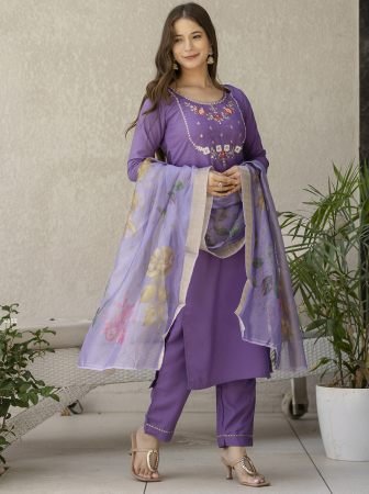 Viscose Purple Embroidered Straight Kurta Pant Set With Dupatta