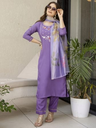 Viscose Purple Embroidered Straight Kurta Pant Set With Dupatta