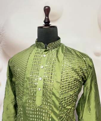 Viscose Silk Embroidery Sequence Work Mens Kurta