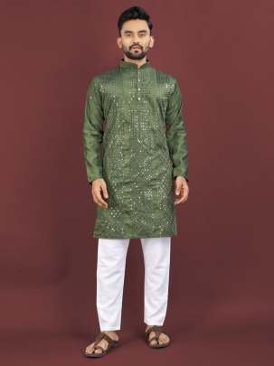 Viscose Silk Embroidery Sequence Work Mens Kurta