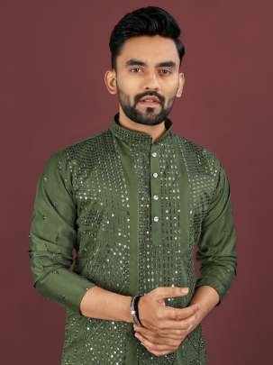 Viscose Silk Embroidery Sequence Work Mens Kurta