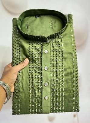 Viscose Silk Embroidery Sequence Work Mens Kurta