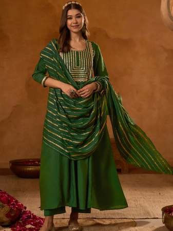 Viscose Silk Fabric Dark Green Colour Ready Made Suit