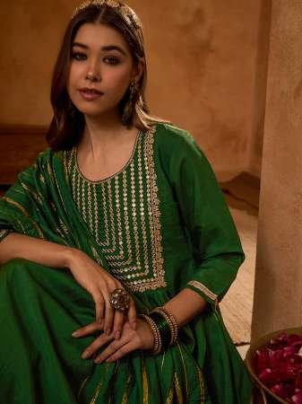 Viscose Silk Fabric Dark Green Colour Ready Made Suit