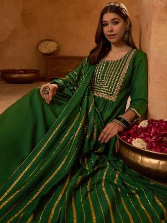 Viscose Silk Fabric Dark Green Colour Ready Made Suit